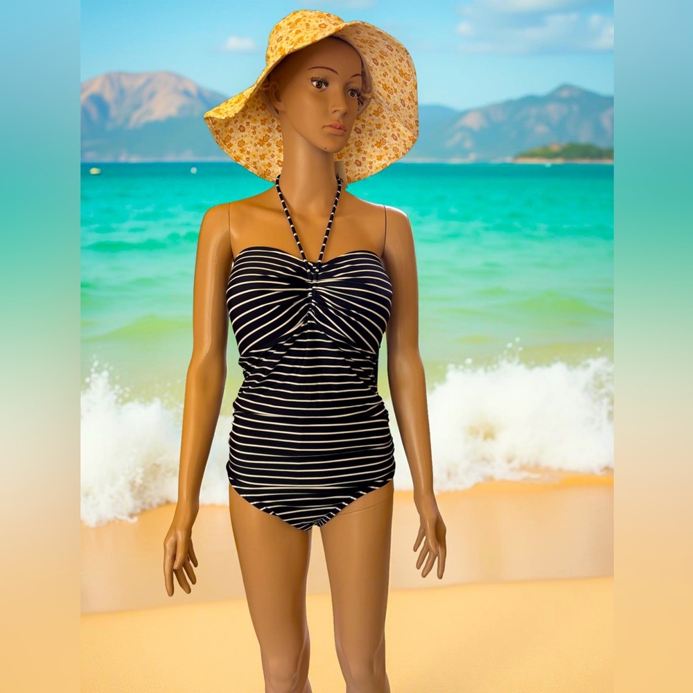 Tommy Hilfiger Blue And White Striped Ruched Bandeau One-Piece Swimsuit 14 NWT